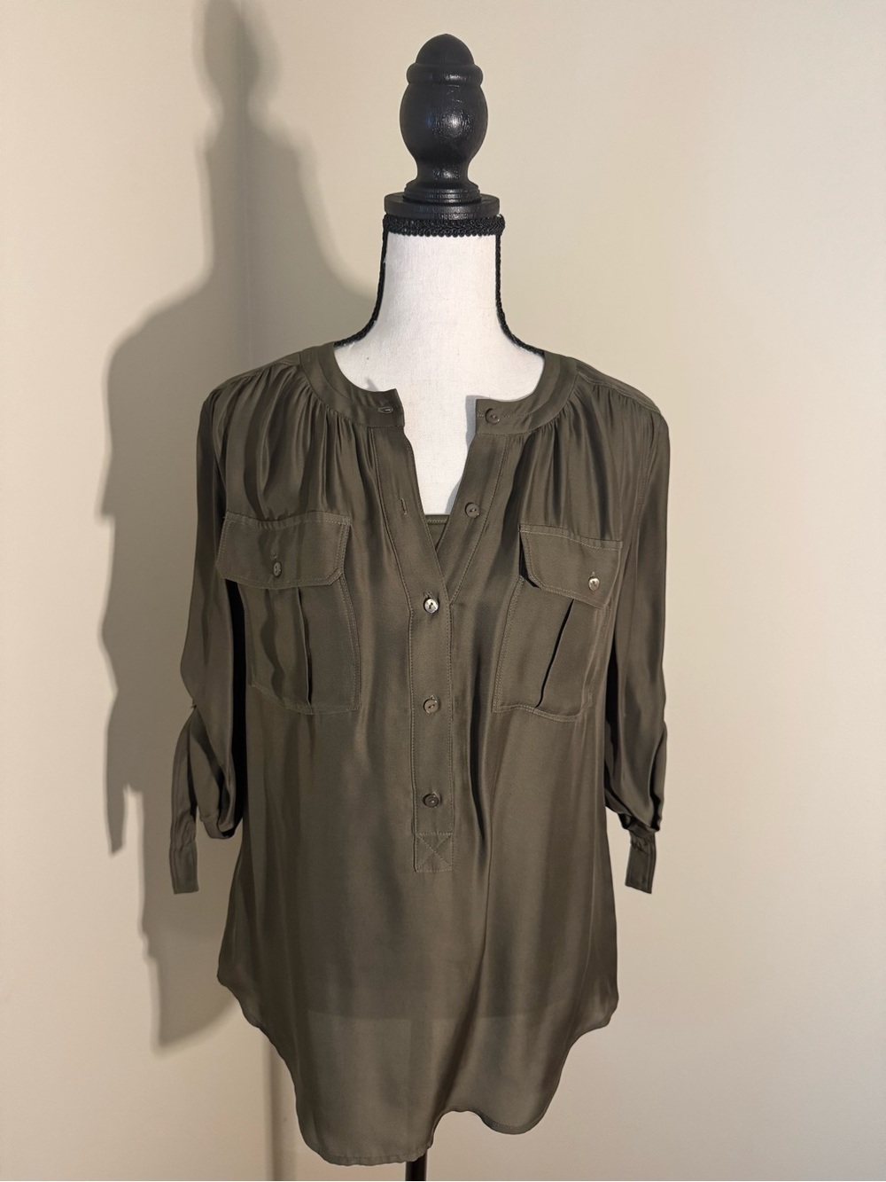 Trina Turk Olive Utility Button-Front Blouse